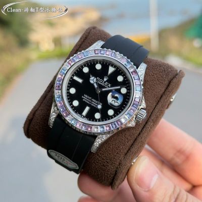 Rolex Yacht-Master Black Face Replica with Rainbow Diamond Bezel 42mm 3235 Movement Rubber Strap W4789518 Rainbow Diamond Bezel Watch